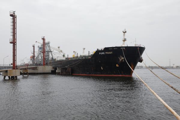 Russian oil cargo Pure Point, carrying crude oil, is seen anchored at the port in Karachi