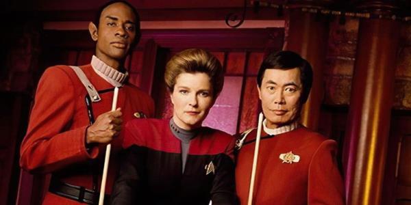 Tim Russ, Kate Mulgrew, and George Takei as Tuvok, Janeway and Sulu in Star Trek
