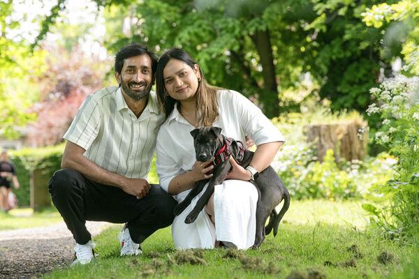  Bhavya Badola and her fiancé Adi. with their 3 mo<em></em>nth old puppy Una, in St. Anne's park. Photograph Moya Nolan