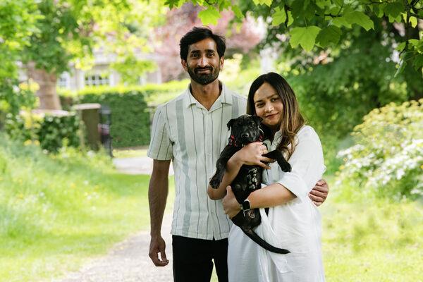  Bhavya Badola and her fiancé Adi. with their 3 mo<em></em>nth old puppy Una, in St. Anne's park. Photograph Moya Nolan