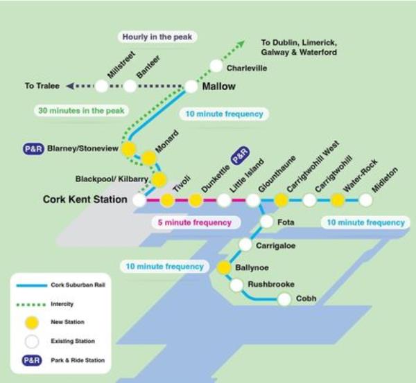 A map showing the proposed locations of stations on the proposed Cork Commuter Rail network.