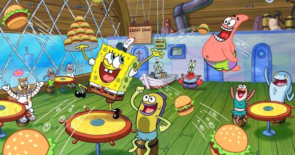 SpongeBob, Sandy, Patrick, Mr. Krabs, and Squidward, along with citizens of Bikini Bottom in the Krusty Krab, as Spo<em></em>ngeBob throws Krabby Patties around the restaurant, feeding the customers.