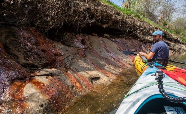 Andrew Rehn of Prairie Rivers Network looks at coal ash seepage on a bank of the Middle Fork of the Vermilion River in 2018. 